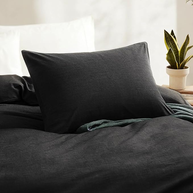 LOVQUE Black Duvet Cover Twin Size, 100% Washed Cotton Linen Like Bedding Set with Zipper Closure (No Comforter), 68x90 Inches