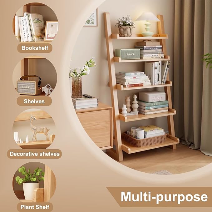 Ladder Shelf Bookcase, 5 Tier Wooden Ladder Bookshelf Space-Saving, Freestanding Storage Rack Organizer for Living Room, Home Office and Bedroom, Wood Color