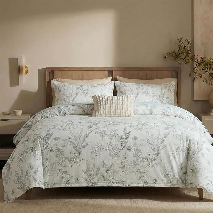 Duvet Cover Set King Size 100% Nature Cotton Reversible Botanical King Duvet Cover Set 3 Pieces Soft & Breathable Bedding Set with Zipper Closure & Corner Ties