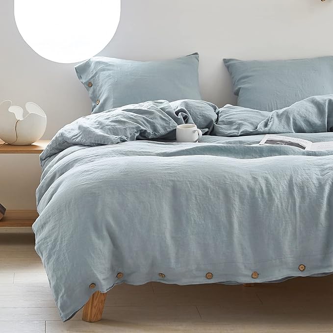 Simple&Opulence 100% Linen Duvet Cover Set 3pcs with Coconut Button Closure Natural French Washed Flax Solid Color Soft Breathable Farmhouse Bedding - Dusty Blue, Full Size
