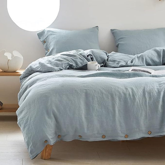Simple&Opulence 100% Linen Duvet Cover Set 3pcs with Coconut Button Closure Natural French Washed Flax Solid Color Soft Breathable Farmhouse Bedding - Dusty Blue, Full Size