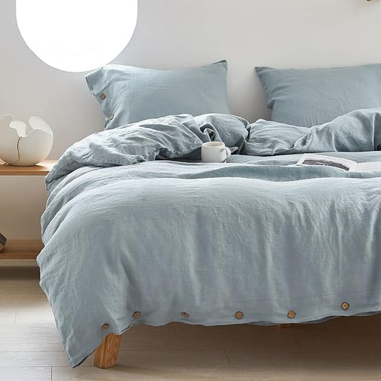 Simple&Opulence 100% Linen Duvet Cover Set 3pcs with Coconut Button Closure Natural French Washed Flax Solid Color Soft Breathable Farmhouse Bedding - Dusty Blue, King Size