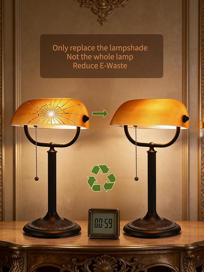 1-Minute Quick-Change Shade Antique Matted Amber Glass Bankers Desk Lamp,Plug in Fixture for Study, Office, Library,LED Bulb Included