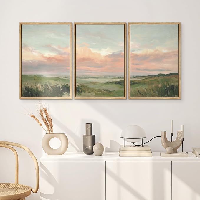 SIGNWIN Framed Canvas Print Wall Art Set Pastel Coastal Sunset Over Dune Grass Illustrations Modern Art Decorative Chic Calm/Zen for Living Room, Bedroom, Office - 16"x24"x3 NATURAL