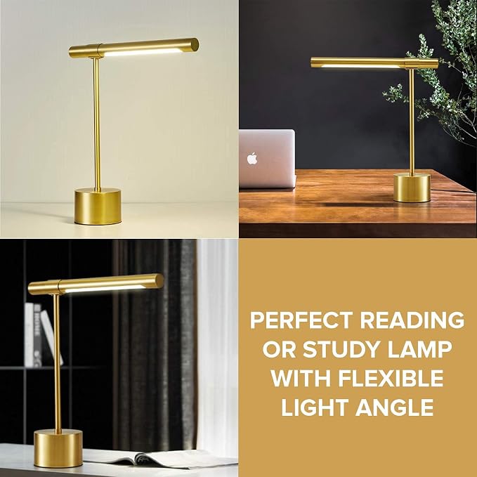 2 PACK I All-Brass Mid Century Desk Lamp - Modern Midas Gold Bankers Lamp Shade - 18-in LED Desk Light - Adjustable Gold Table Lamp - Study Desk Lamp - Bedside Reading Table Lamp - Polished Brass Lamp