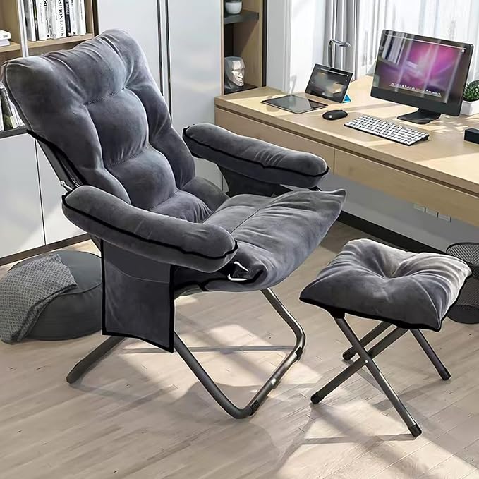 Lazy Chair with Ottoman, Adjustable Lazy Chaise Lounge with Side Pocket Folding Lounge Reclining Sofa Chair with Armrest for Bedroom Living Room Balcony, Grey