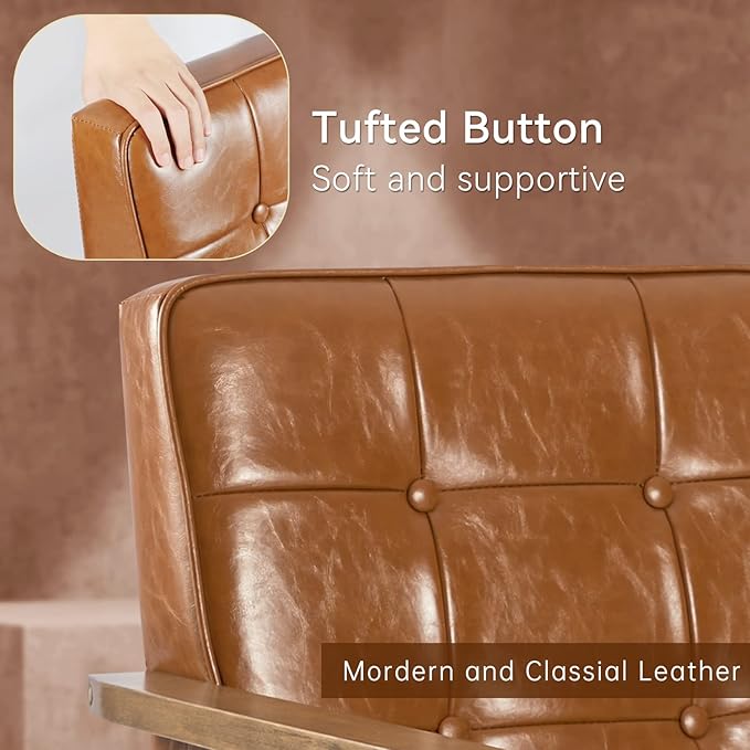 Okeysen Accent Chairs Set of 2 with Side Table, Mid Century Modern Accent Chair, Retro Wood and Leather Armchairs Side Chair, Lounge Reading Comfy Armchair for Living Room, Bedroom, Office（Brown