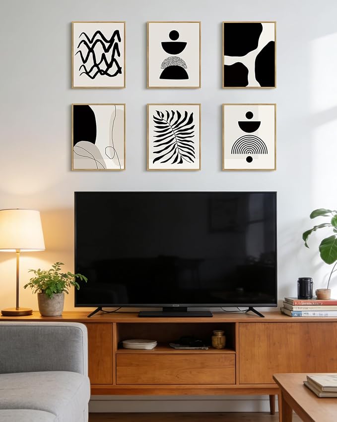 Drsoum Abstract Boho Wall Art Minimalist Geometric Framed Boho Room Decor Black Line Art Mid Century Modern Prints Bohemian Living Room Bedroom Ready to Hang 8x10inx6pcs (Natural Framed)
