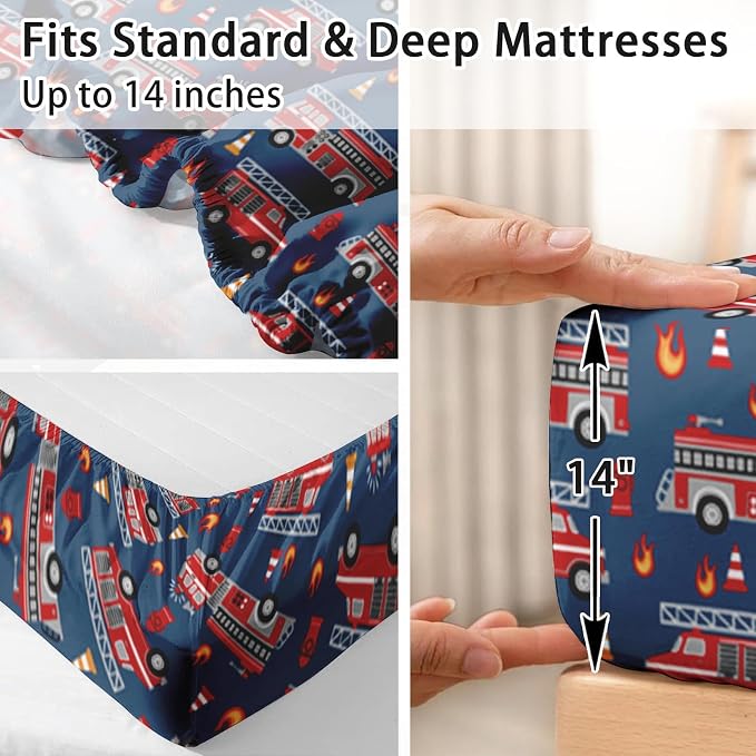 Pamnest Full Size Bed Sheet Sets, Fire Trucks Blue Soft Microfiber 4 Pcs Bedding Sets for Kids and Adults Bedroom Bed Decor, Red Car Vehicle Flat, Fitted Sheet and 2 Pillowcases