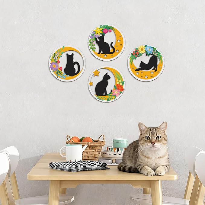 TOARTi 4PCS Boho Cat Moon Wall Decor,Colorful Floral Cats Wooden Wall Art,Black Cats Flower Hanging Sign,Farmhouse Minimalist Geometric Botanical Kitten Artwork for Bedroom Home,Cat Lovers Gifts