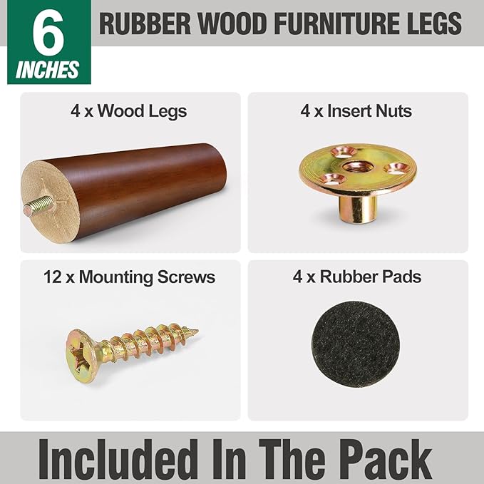 FoDau770 Brown Rubber Wood Furniture Legs 6 Inches, Slant Tapered Wood Feet Mid Century Sofa Legs Set of 4, 5/16" UNC Furniture Feet Replacement Parts for Cabinet Couch Dresser Chair Ottoman Table