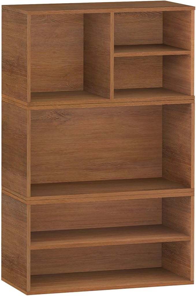3 Cube Organizer Bookcase, Expandable Storage Shelves, Wooden Open Shelving Unit Book Shelf for Living Room, Office, Bedroom, Mid-Century Style Wood Furniture, Walnut Oak (1 Set)