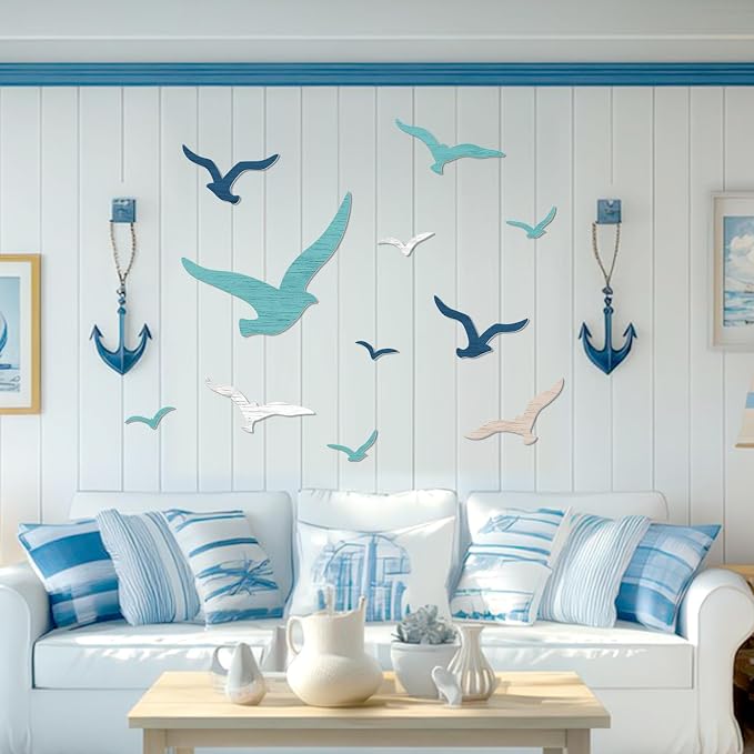 Zzbakress 11 Pcs Wooden Seagull Wall Decor Nautical Coastal Beach Wall Art Vintage Ornaments Unique Sea Birds Wall Sculpture for Home Bathroom Living Room Bedroom (Minimalist)