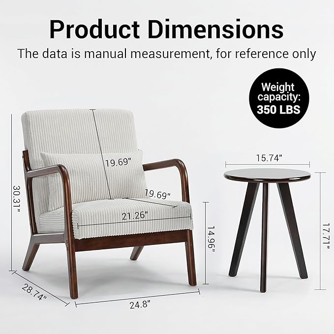 Mid Century Modern Accent Chair with Side Table, Upholstered Corduroy Armchair with Lumbar Pillow, Solid Rubberwood Frame for Living Room, Bedroom, Reading Nook, White/Walnut