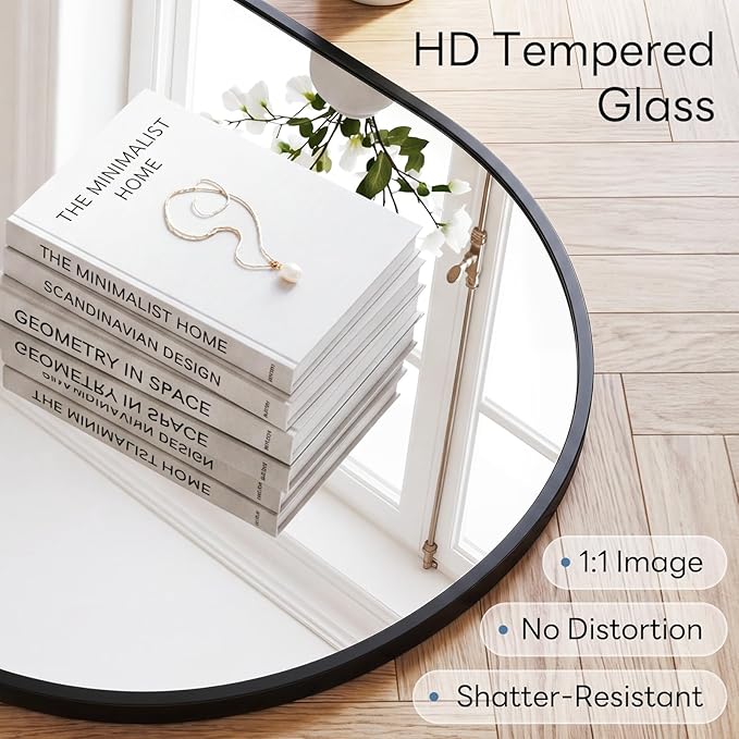 Sweetcrispy 24" x 48" Black Bathroom Mirror for Wall, Oval Walls Mirror with Metal Frame, Tempered Glass, Modern Vanity Mirrors for Over Sink, Living Room, Bedroom, Entryway, Horizontal or Vertical
