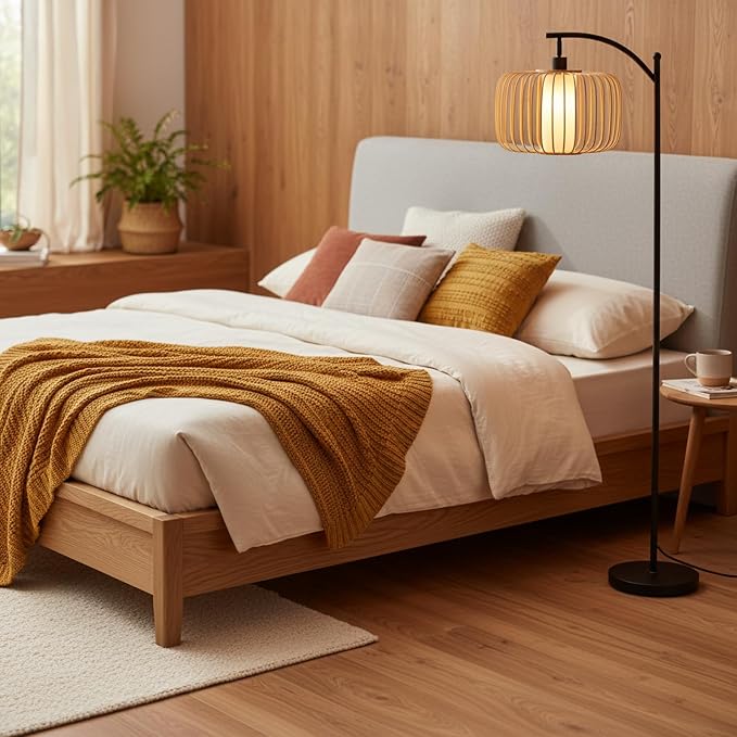 LALISU Floor Lamp for Living Room, Dimmable Standing Lamp Tall with Linen Shade Modern Floor Lamps Pull Chain Switch Reading Lamp for Living Room Bedroom Office Dining Room, 9W Bulb Included (Brown)