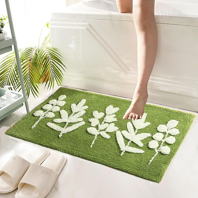 Hi Space Bathroom Rugs 31.5x19.7IN Green Leaves Bath Mat for Bathroom Non Slip Machine Washable Soft Microfiber Absorbent Cute Bath Rug Plush for Tub Shower Sink Fluffy Home Decor Accessories