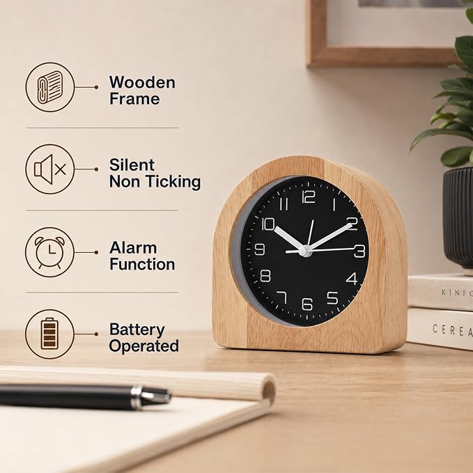 Analog Alarm Clock 5" Silent Non-Ticking Small Solid Wood Desk Clocks Battery Operated Simple Style Retro Table Clock for Office/Bedroom/Kitchen/School/Bedside/Shelf (Light Wood, Arch)