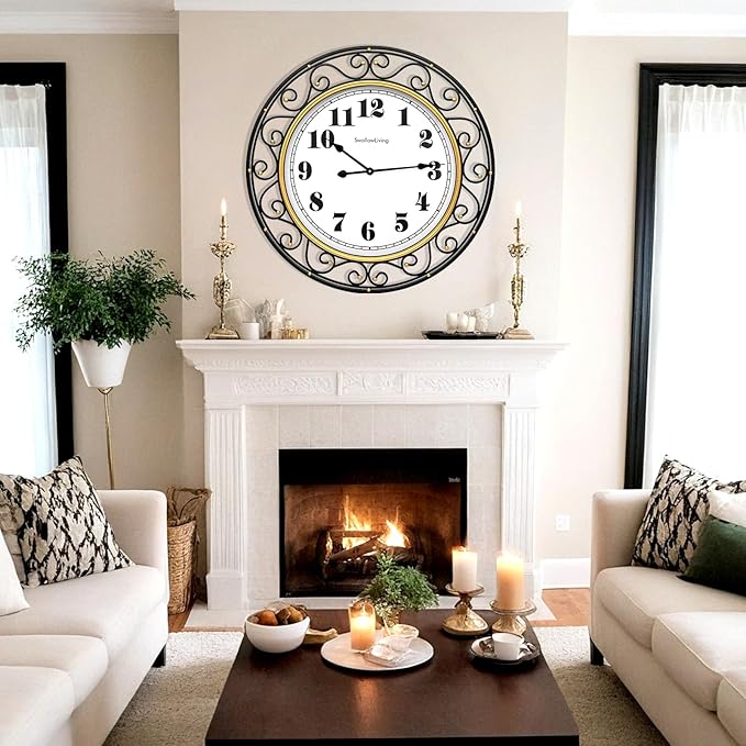 SwallowLiving 30 Inch Vintage Iron Large Black Metal Frame Wall Clock Silent, Battery Operated, Elegant Retro Decor for Living Room, Kitchen, Office, Dining Room, and Bedroom