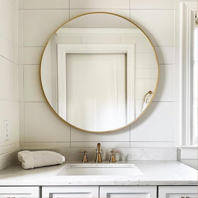 Sunniry Gold Round Mirror, Circle Mirror 26 inch, Gold Circle Mirrors Brushed Metal Frame, Round Mirrors for Wall, Living Room, Bathroom, Entryway, Rustic.