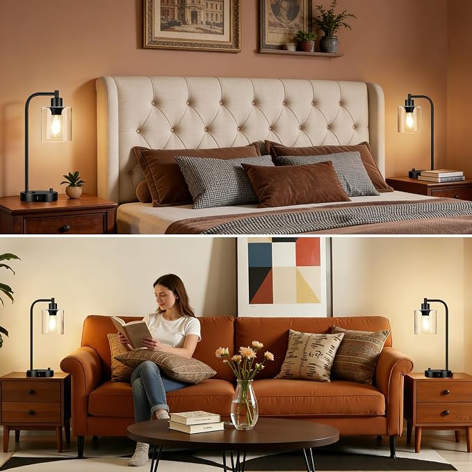Set of 2 Industrial Table Lamps with USB C+A Ports and Outlet, Fully Stepless Dimmable Bedside Lamps for Bedrooms, Nightstand Desk Lamp with Glass Shade for Reading Living Room Office (Bulbs Included)