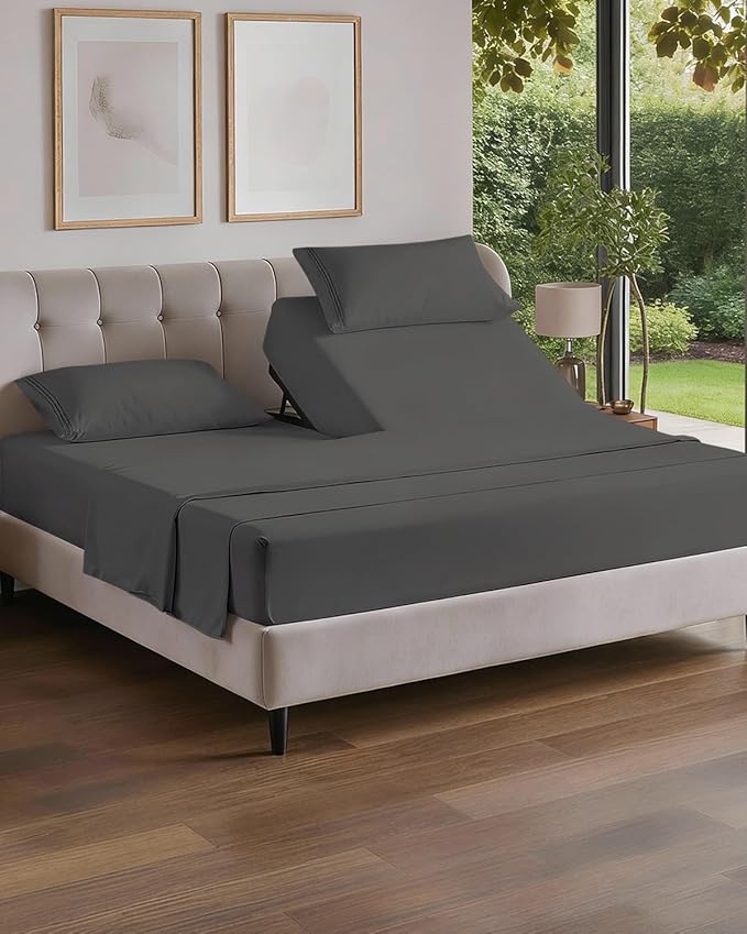 Flex Top Split Head King 4 Piece Sheet Set - Soft, Breathable & Cooling Bed Sheets Set - Hotel Luxury Bedding for Women & Men with Deep Pockets - Wrinkle Free & Fade Resistant - Oeko-Tex - Charcoal