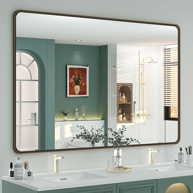 OKPAL 48X36 Bronze Framed Mirror, Bathroom Vanity Mirror with Brushed Metal Frame, Bronze Rectangle Bathroom Mirror, Round Corner, Anti-Rust, Shatterproof (Horizontal/Vertical)