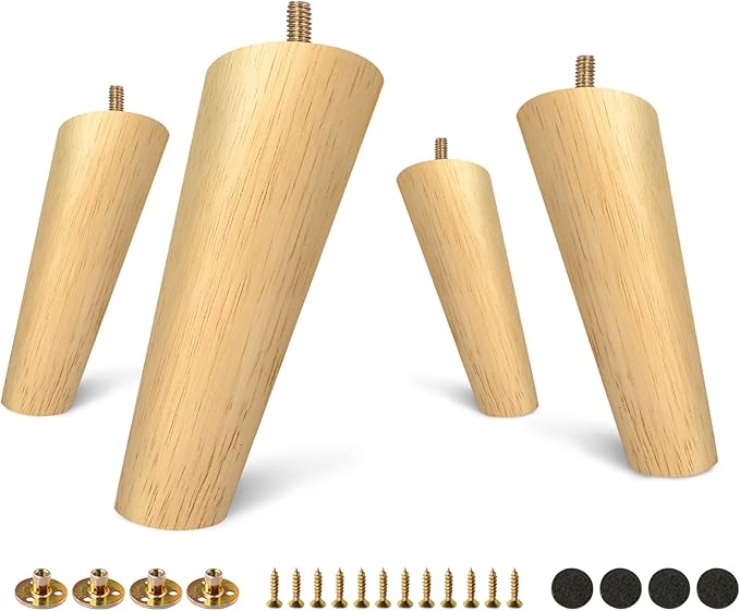 FoDau770 Rubber Wood Furniture Legs 7 Inches, Slant Tapered Wood Feet Mid Century Sofa Legs Set of 4, 5/16" UNC Furniture Feet Replacement Parts for Cabinet Couch Dresser Chair Ottoman Table