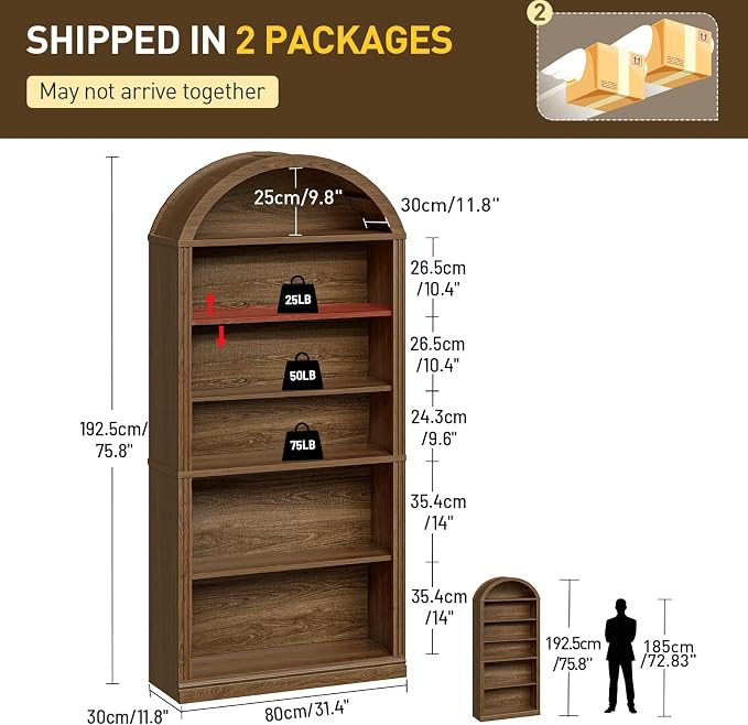 RALGEND Arched Bookshelf Set of 2, 75.8" Tall Arch Bookcase with Storage, 6-Tier Farmhouse Book Shelf, Arched Cabinet, Wooden Bookshelf with Open Display Shelves, Adjustable Shelf, Office, Walnut