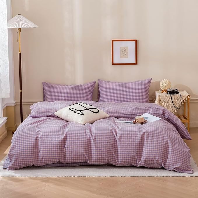 mixinni Purple Gingham Grid Duvet Cover Full, 100% Washed Cotton Modern Geometric Bedding Set with 2 Pillowcases, Farmhouse Style Yellow Plaid Comforter Cover Set for Men & Women, Soft & Lightweight