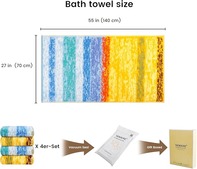 SEMAXE 4-Pack Luxury Bath Towels for Bathroom, 100% Cotton, Soft, Absorbent, and Quick-Drying, 55"x27", Wheat Filed, Perfect for Hotels, Gyms, and Spas