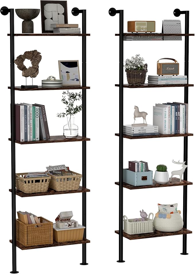 Acovy 5-Tier Bookshelf - Solid Wood Narrow Ladder Shelf Set of 2, Wall Mount Bookcase for Living Room, Bedroom - Industrial Style, Dark Brown