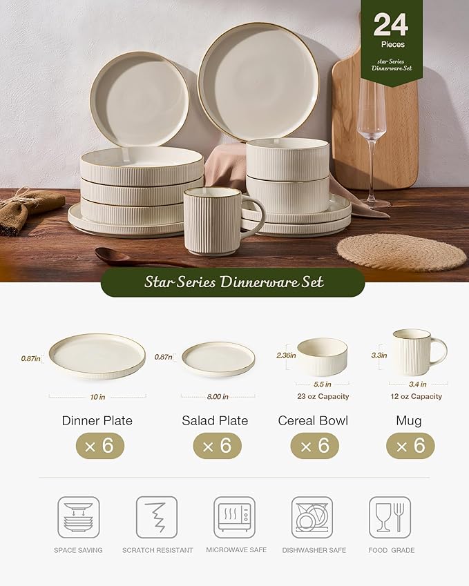 Famiware Star Dinnerware Set with Mugs, Service for 6 (24 Pieces), Ribbed Stoneware Plates and Bowls Dishes Sets with Trim - Chip & Scratch Resistant, Microwave & Dishwasher Safe, White