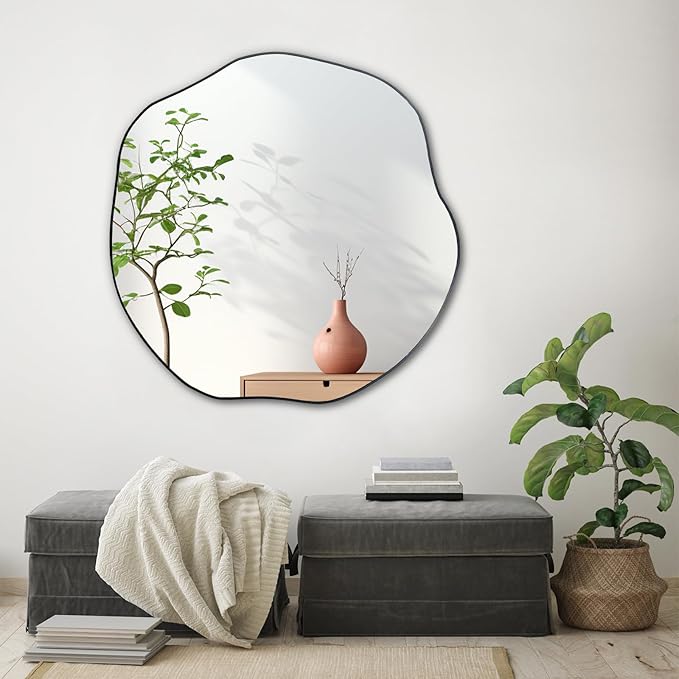 POZINO Irregular Mirror, 35" Large Asymmetrical Circle Mirrors, Black Scalloped Rounded Mirror, Modern Frameless Abstract Mirrors for Living Room Bedroom Bathroom Entryway Hallway Fireplace