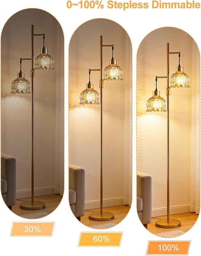 Lightdot 2- Light Gold Flower Floor Lamp, 65IN Amber Glass Floor Lamps with 3000K Warm White Bulbs, Modern Standing Tall Lamp with 5Lbs Heavy Base for Living Room Bedroom Home Office Sofa Beside