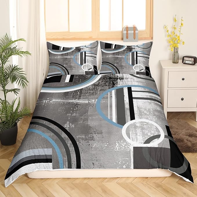 Erosebridal Geometric Circles Comforter Cover Full,Black Gray Duvet Cover for Kids Boys Girls Teens,Grunge Watercolor Bedding Set,Swirls Stripe Bedspread Cover Bedroom Decor 3Pcs with 2 Pillow Cases