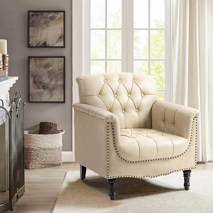 Pia Ricco Faux Leather Armchair Set of 2, Modern Accent Chairs with Nailhead Trim and Solid Wood Legs, Upholstered Comfort for Living Room, Office, Bedroom - Beige