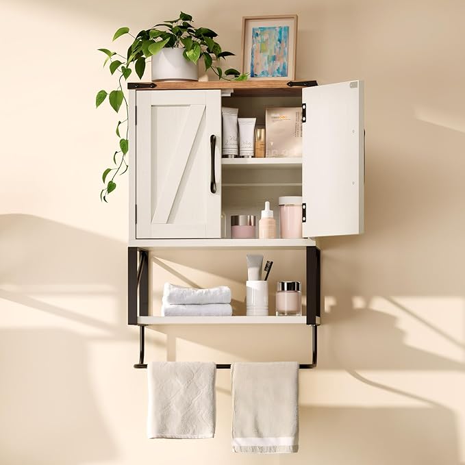 VINGLI Small Bathroom Medicine Cabinet with Tower Bar 7.1"D x 15.4"W x 23.3"H Farmhouse Wall Cabinet Over Toilet Storage with Adjustable Shelf Wall Mounted for Bathroom Kitchen (Rustic White & Brown)