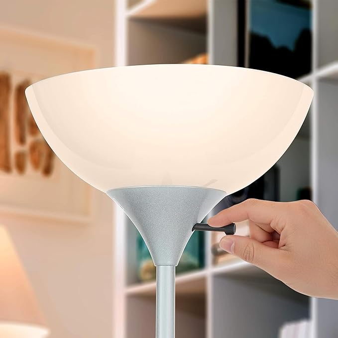 Brightech Sky Dome Dimmable LED Floor Lamp, Torchiere Floor Lamp for Living Room, Bedroom, & Office – Tall Torch Standing Lamp for Reading, Modern Home Decor – Platinum Silver