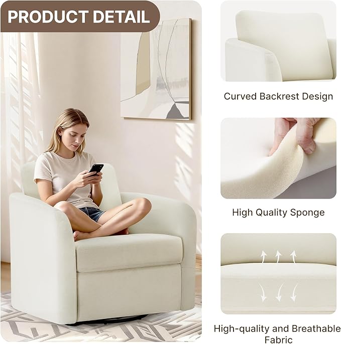 Swivel Accent Chair with Storage Ottoman, Upholstered Barrel Chair with Washable Slipcover for Living Room Bedroom Reading Waitingroom,2 Box,Cream White