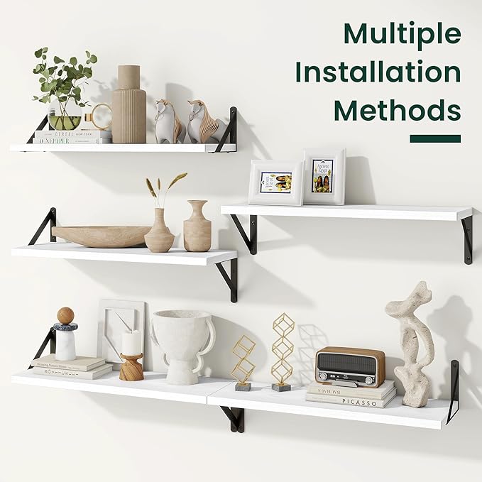 Floating Shelves, 8 Inch Deep Rustic Wood Wall Storage, 36W x 8D Wall Shelves Set of 2, Heavy Duty Metal Brackets, Industrial Book Shelf for Living Room, Kitchen, Bathroom, Bedroom, White