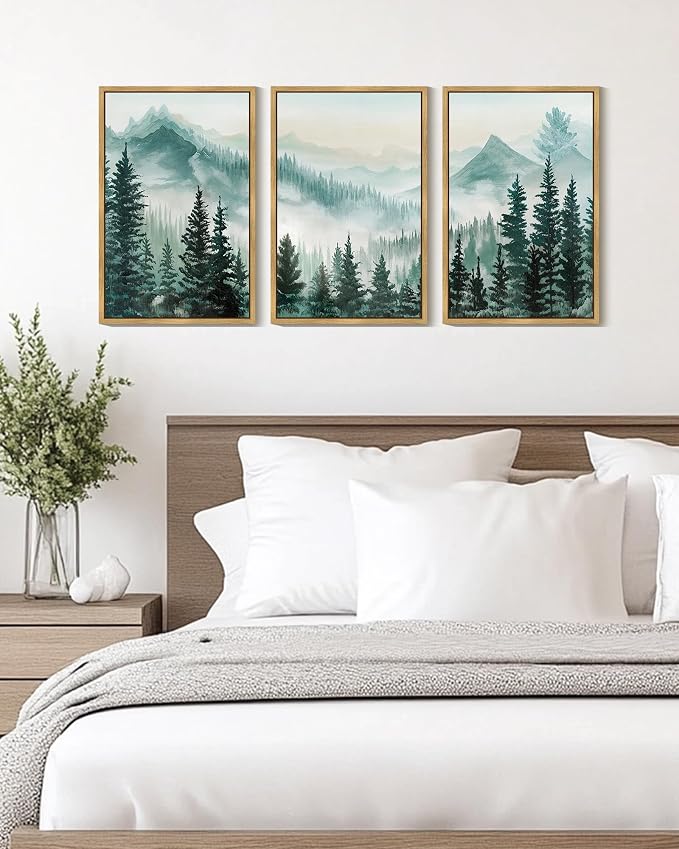 KUVIOKE Fog Pine Tree Mountain Landscape Framed Wall Art Watercolor Nature Misty Forest Painting Vintage Farmhouse Rustic Wall Decor for Bedroom Hallway 16x24in (Natural Framed)