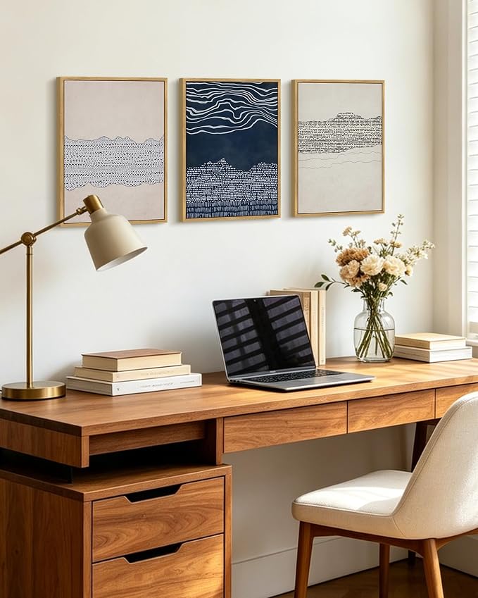 KUVIOKE Navy Blue Abstract Framed Wall Art Modern Neutral Minimalist Wooden Pastel Boho Wall Decor Farmhouse Rustic Art Painting Home Decor 11x14in (Natural Framed)