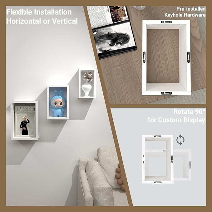 Premium Warm White Floating Cube Shelves, Eco-Friendly Wood Box-Style Wall Storage Display Set of 3 — Pre-Assembled, Ready to Use, Modern Decorative Wall Shelf Units for Living Room, Bedroom & Office