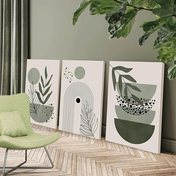 3Pcs Framed Boho Wall Art Sage Green Wall Decor Posters & Prints Minimalist Geometric Line Leaf Sun Moon Beige Canvas Artwork Paintings Room Bedroom Bathroom Office 16x24inch Ready to hang