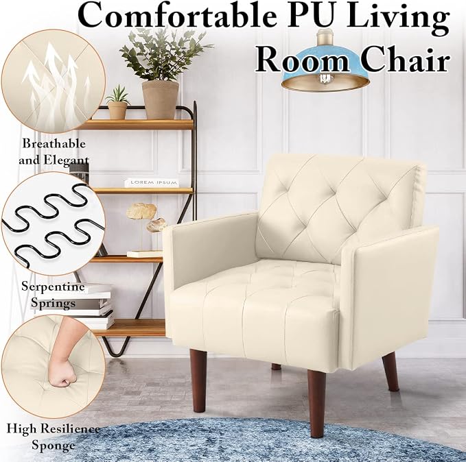 Faux Leather Accent Chair, Modern Retro Arm Chair for Living Room and Bedroom Tufted Upholstered Sofa Club Chair Comfy Armchair for Small Spaces Bedroom Office (Beige)