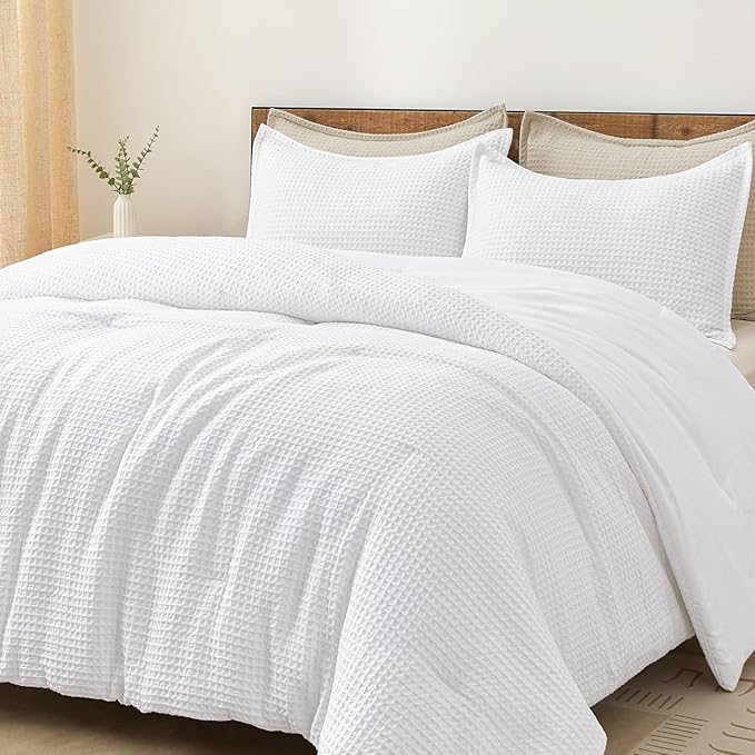 PHF Ultra Soft Waffle Weave Comforter Set Queen Size, 3 Pieces Lightweight Breathable Comfy Bedding Set, Comfy Textured 1 Comforter with 2 Pillow Shams, White