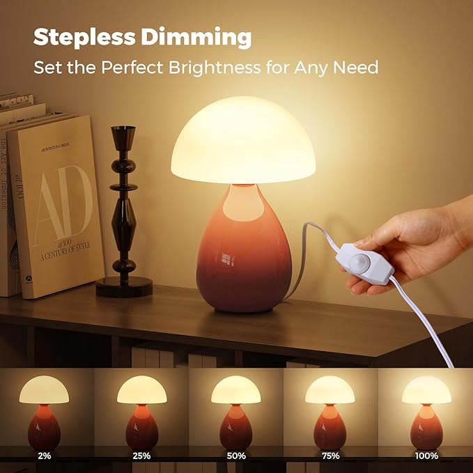 Mushroom Lamp, Vintage Small Table Lamp for Bedroom, Ice Crack Ceramic LED Night Light for Kids, Mid Century Modern Bedside Lamp for Nightstand, Living Room, Home Decor Gift Ideas for Women, Pink