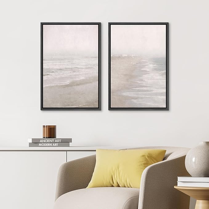 IDEA4WALL Framed Canvas Print Wall Art Set Abstract Beach Shore Ocean Wave Landscape Nature Wilderness Illustrations Modern Art Decorative Coastal Cottage Seascape for Bedroom - 24"x36"x2 Black