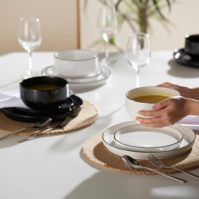 Vase and Vessel Ceramic Dinnerware Set, 12-Piece Service for 4, Round, Microwave and Dishwasher Safe, Cambridge Classics (French)